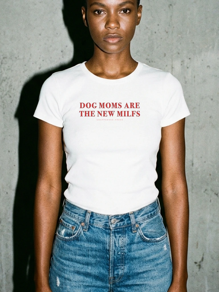 DOG MOMS ARE — UNAPPROVED PRESS Baby Tee — Lookbook Editorial Bust Crop (Black Model)