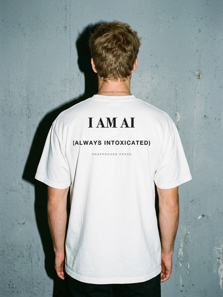 I AM AI — UNAPPROVED PRESS Heavyweight Tee — Lookbook Editorial Upper Back View (Blonde Model)
