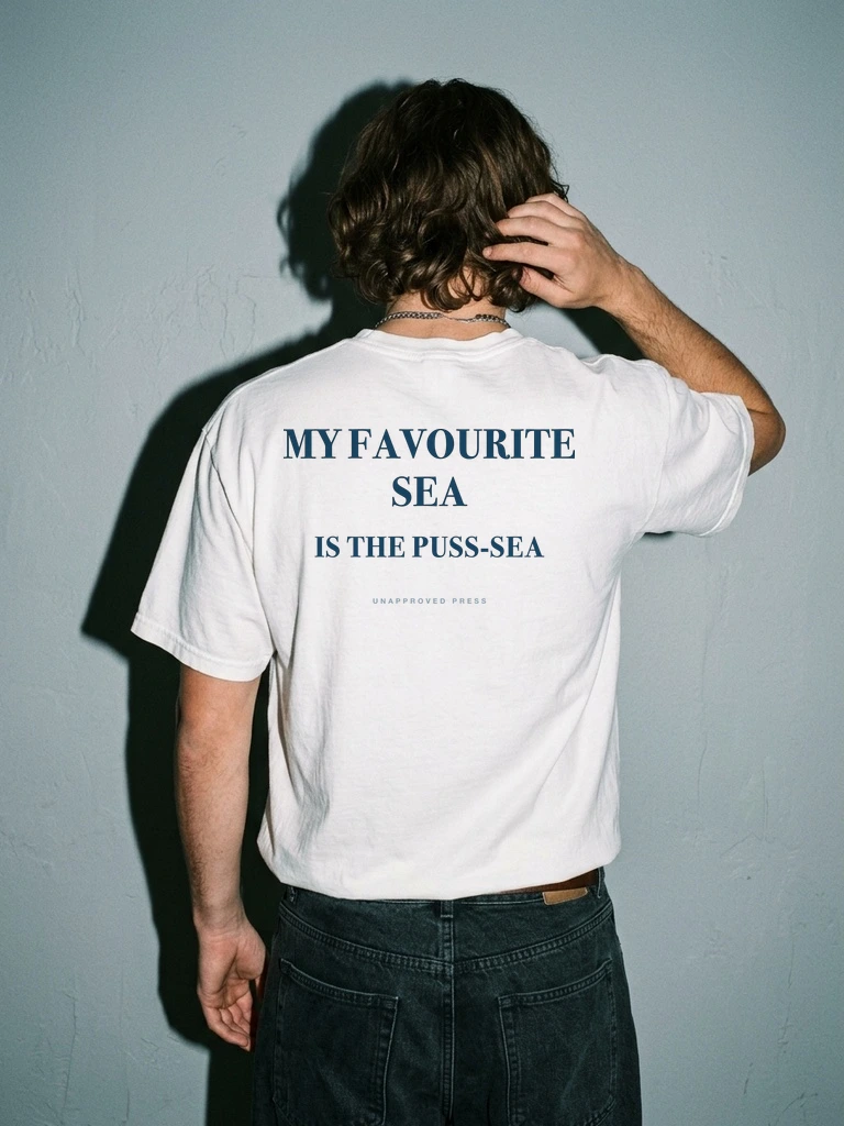 MY FAVOURITE SEA — UNAPPROVED PRESS Heavyweight Tee — Lookbook Editorial Upper Back View (Brunette Flow Model)